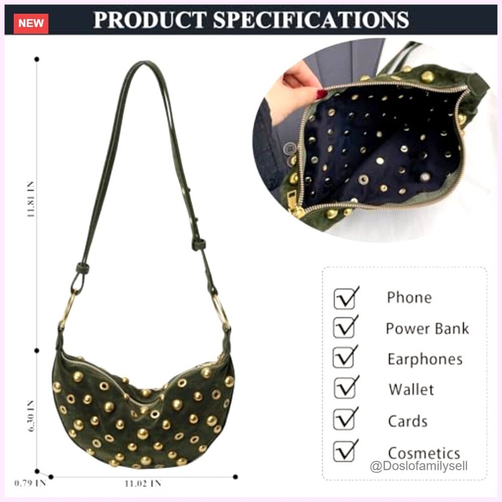 Studded Hobo Bag Faux Suede Y2K Trendy Shoulder Crossbody Purse Adjustable Strap - Picture 4 of 7